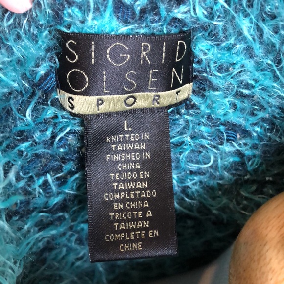 Sigrid Olsen Sport Cardigan Sweater Eyelash Blues & Greens Sz L Raglan Sleeves - Picture 6 of 12